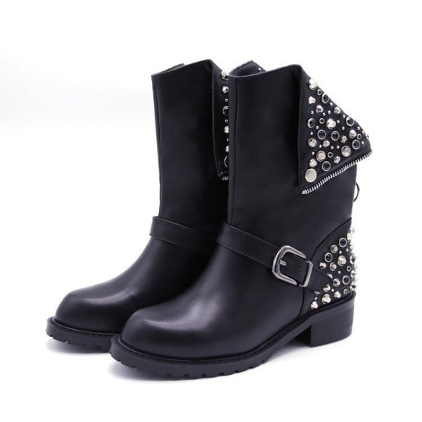 Schwarze Bikerstiefel Für Damen Mit Schnalle | Silberne Nieten
