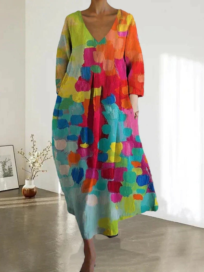 Mehrfarbiges Sommerkleid Mit V-ausschnitt Für Damen | Maxi