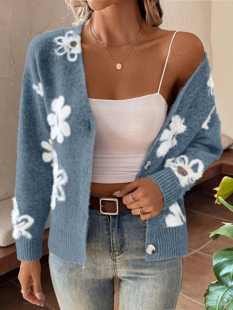 Damen-Strickjacke Mit V-Ausschnitt Und Blumen | Lange Ärmel