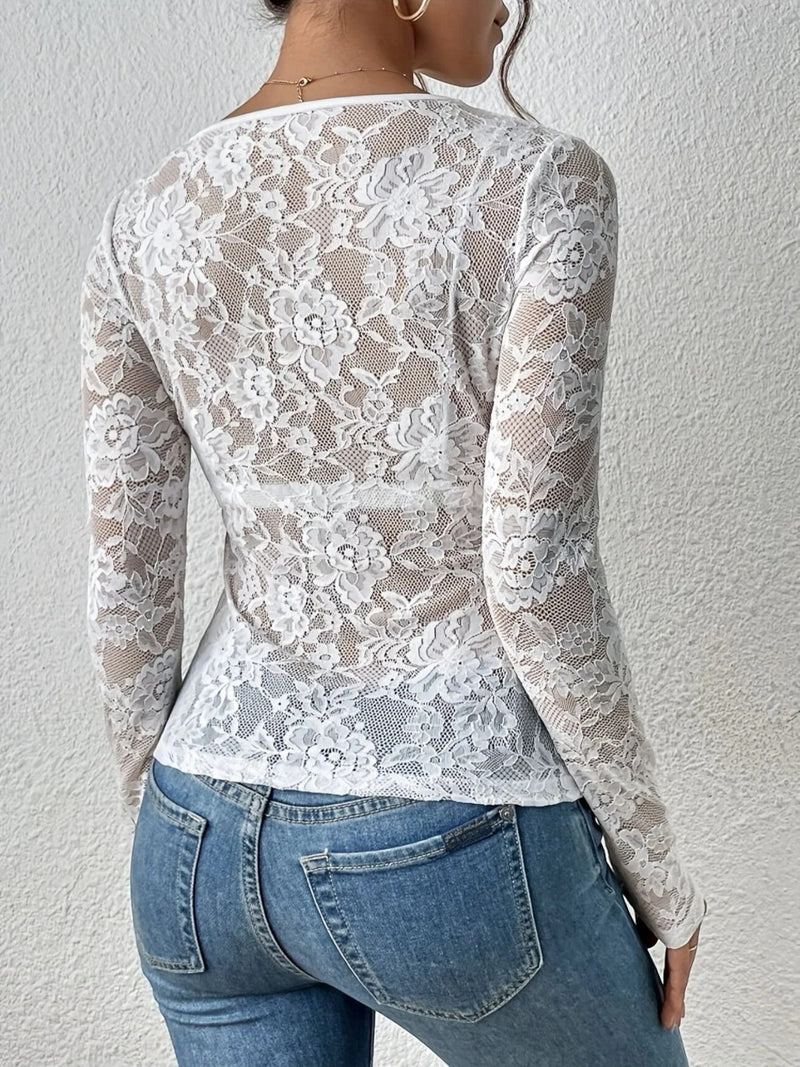 Florale Spitze V-ausschnitt Bluse Für Frauen | Langarm