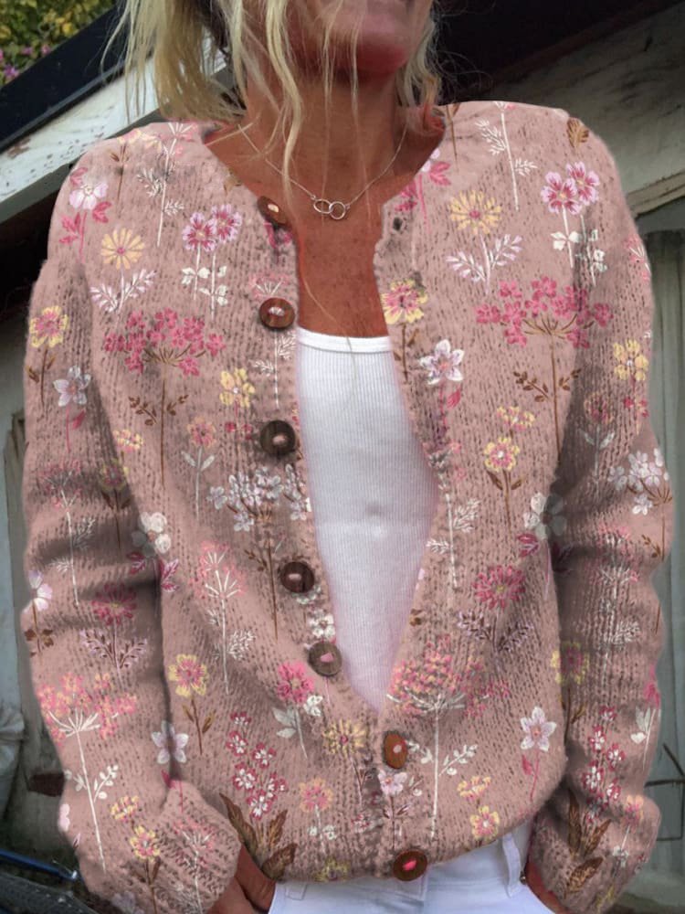 Strickjacke Mit Rundhalsausschnitt Für Damen | Blumenmuster