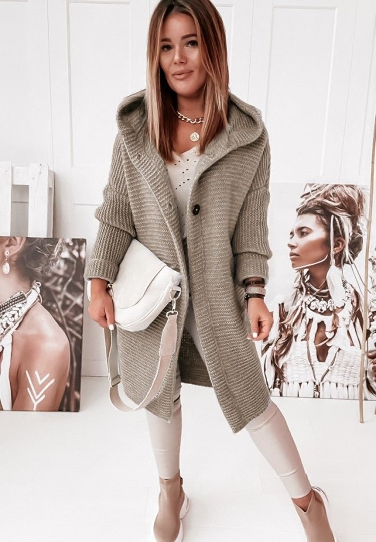 Klassischer Langer Cardigan Mit Kapuze Für Damen | Zweireihig