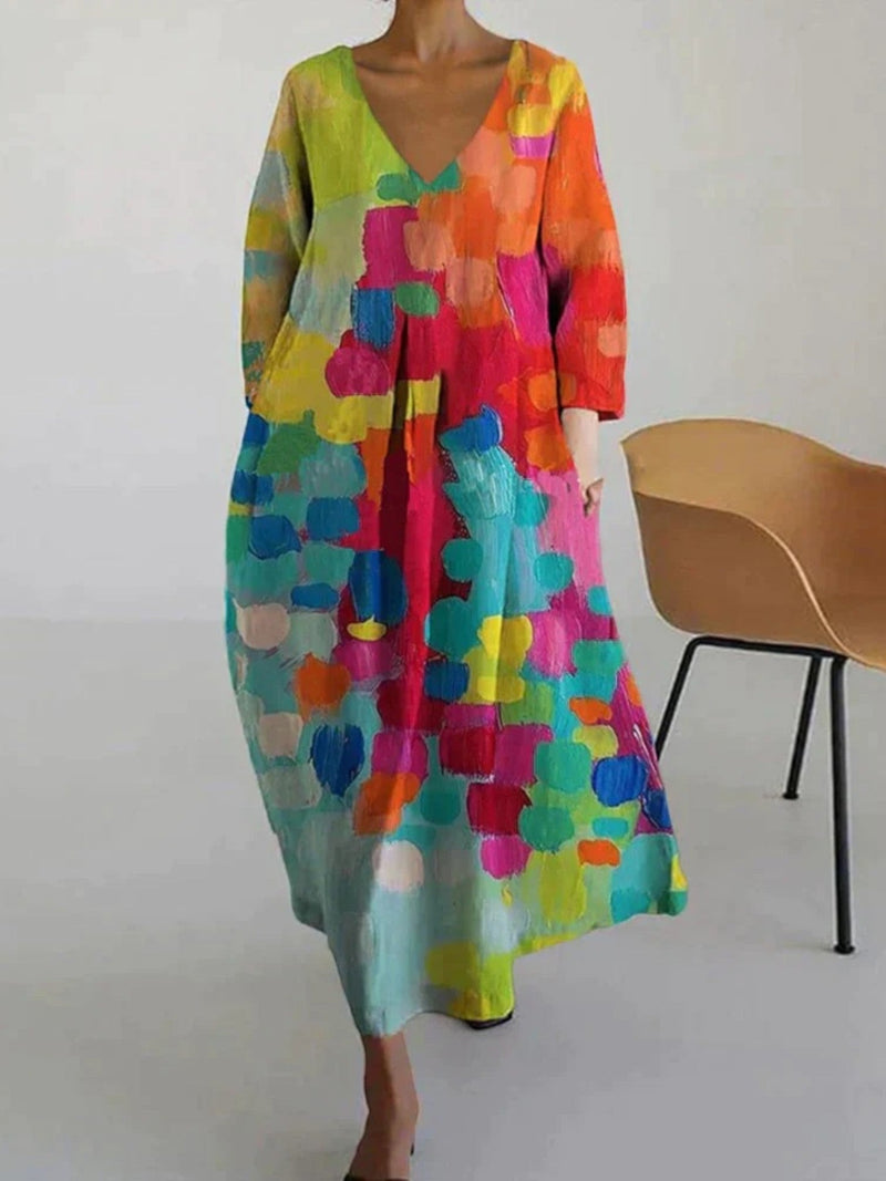 Mehrfarbiges Sommerkleid Mit V-ausschnitt Für Damen | Maxi