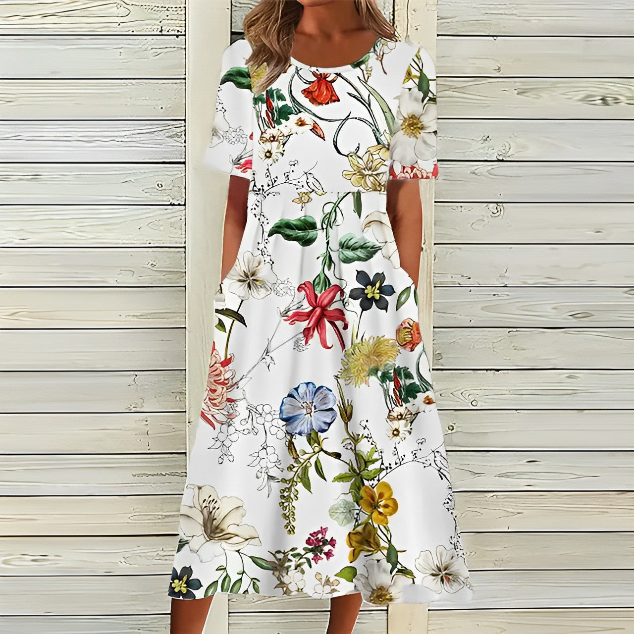 Sommerkleid Damen | Midikleid Blumenmuster Kurzarm