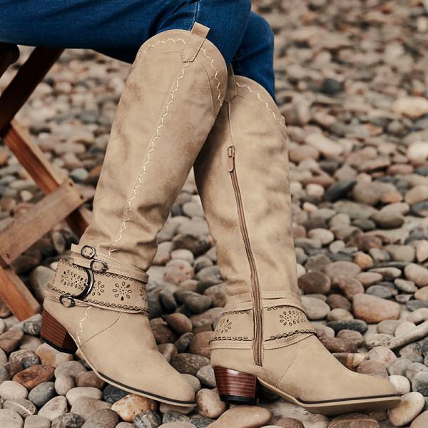 Damen Cowboystiefel Mit Blockabsatz | Dekorative Schnalle
