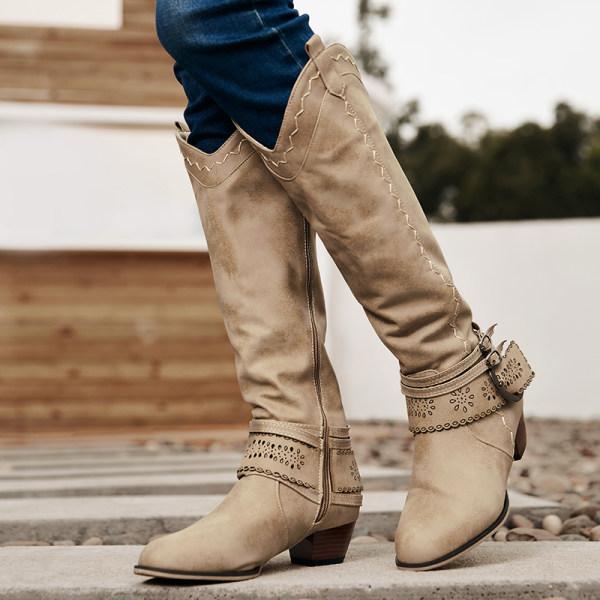 Damen Cowboystiefel Mit Blockabsatz | Dekorative Schnalle