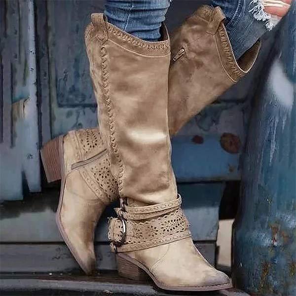 Damen Cowboystiefel Mit Blockabsatz | Dekorative Schnalle