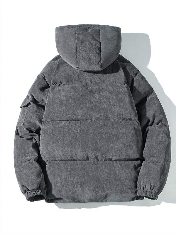 Herren Graue Cord Pufferjacke Mit Kapuze | Winter