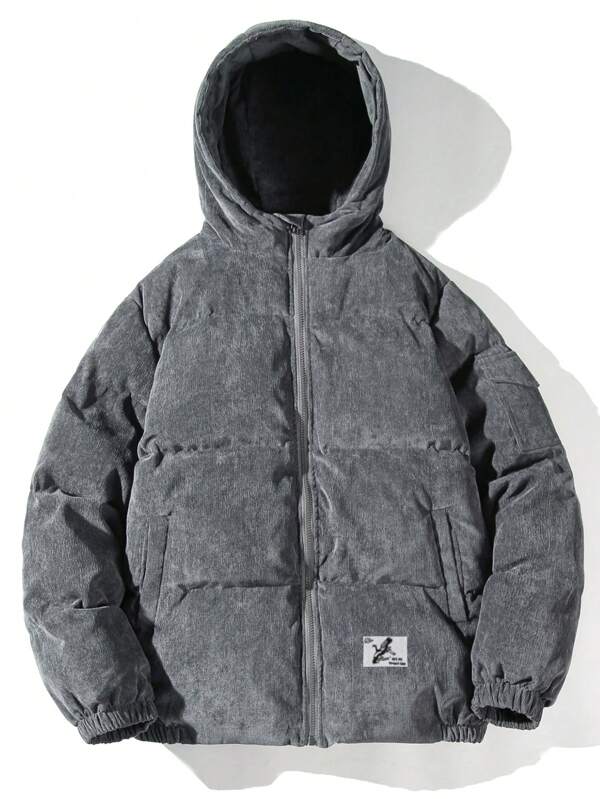 Herren Graue Cord Pufferjacke Mit Kapuze | Winter