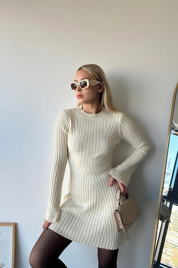 Geripptes Damen-Minikleid | Langarm