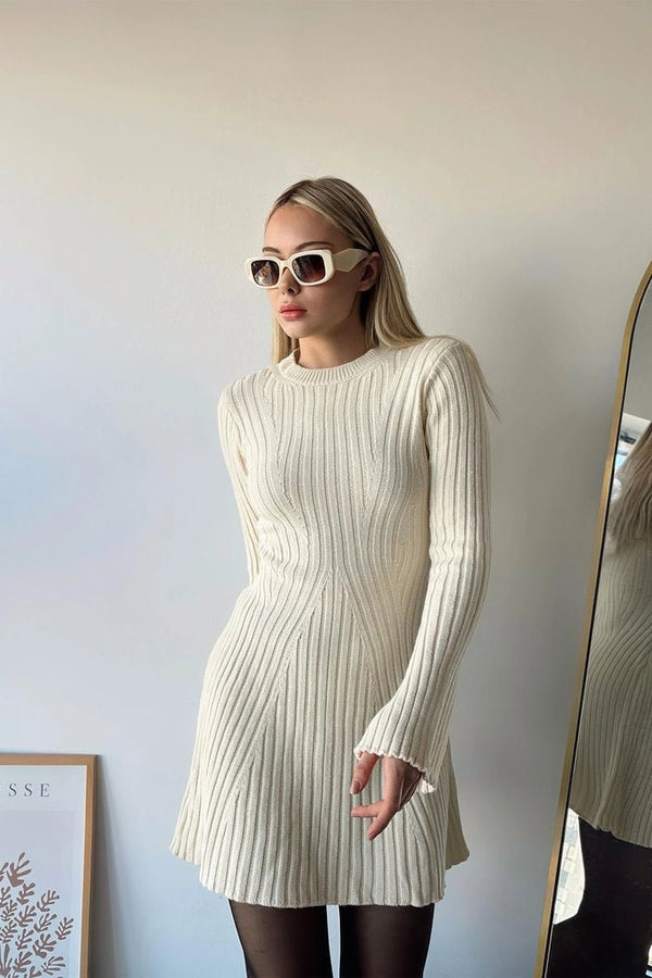 Geripptes Damen-Minikleid | Langarm