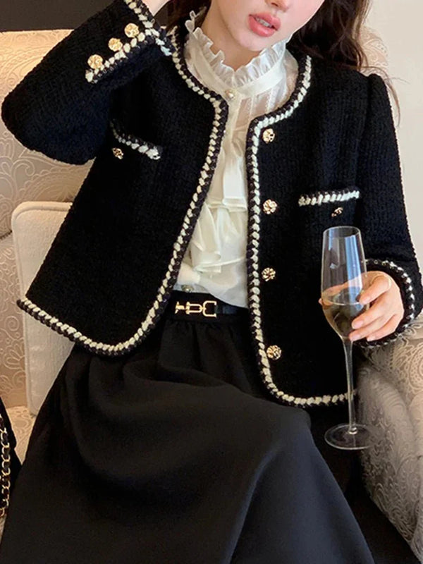 Schwarze Und Weiße Tweed-Kurze Jacke Für Damen | Kurz