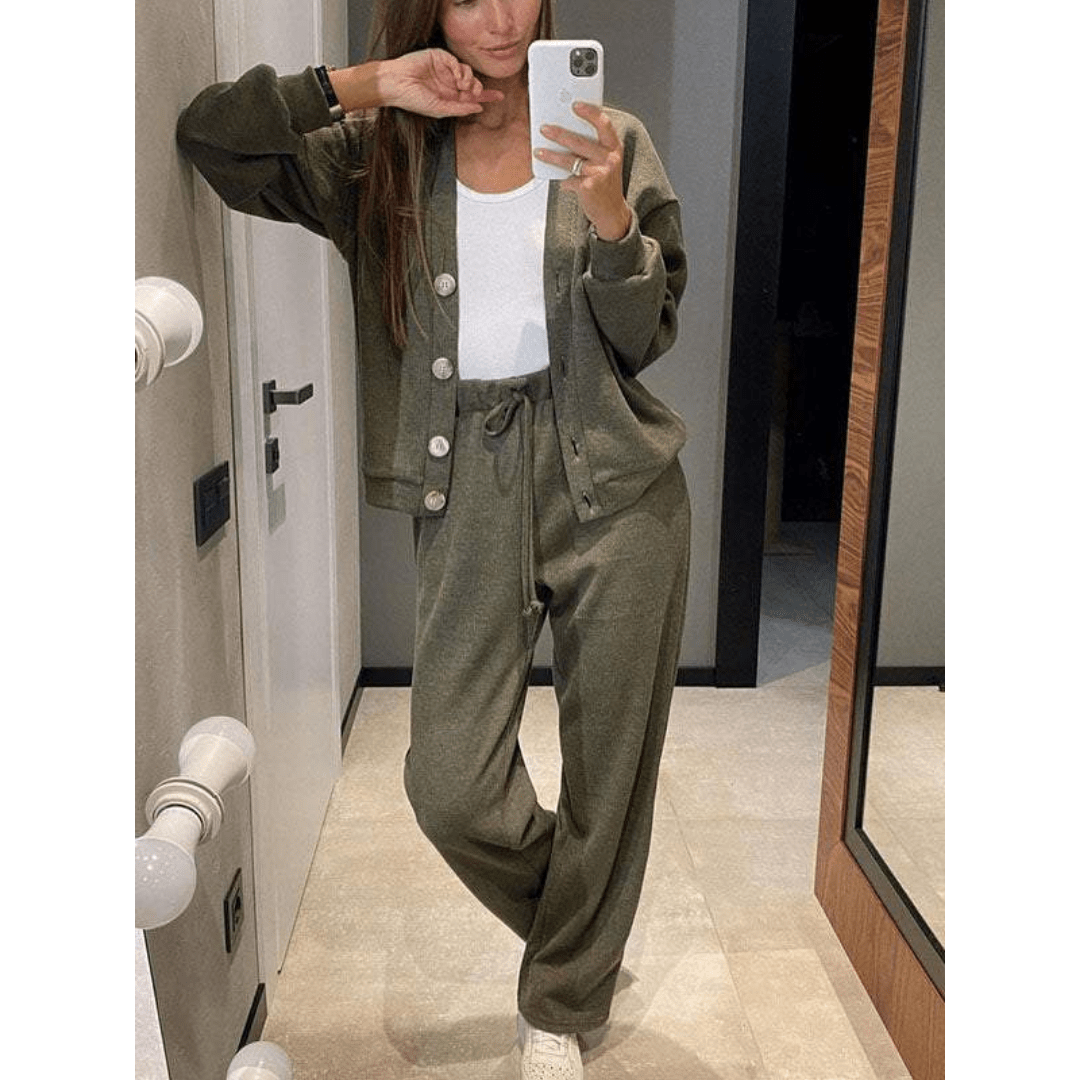 Damen Winter-Set Aus Strickjacke Und Hose | V-Ausschnitt