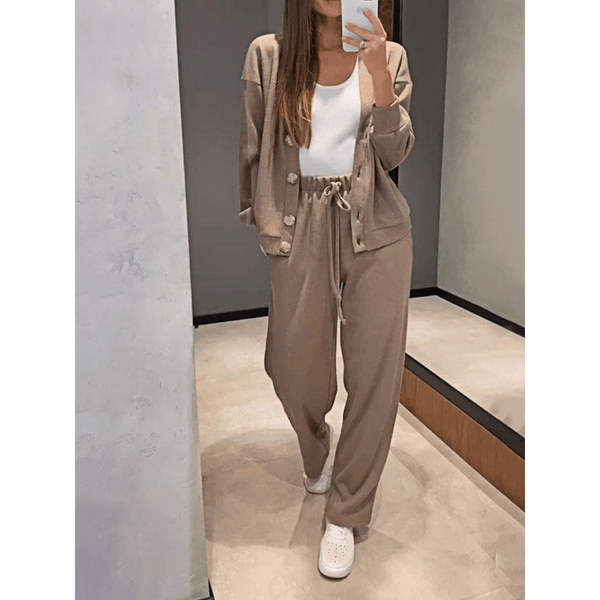 Damen Winter-Set Aus Strickjacke Und Hose | V-Ausschnitt