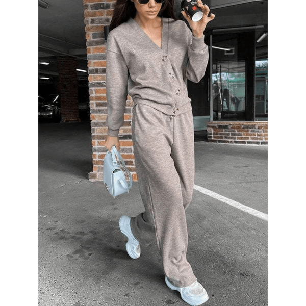 Damen Winter-Set Aus Strickjacke Und Hose | V-Ausschnitt
