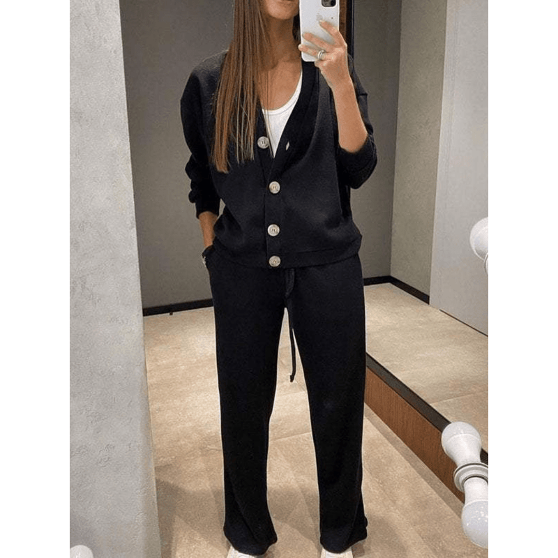 Damen Winter-Set Aus Strickjacke Und Hose | V-Ausschnitt