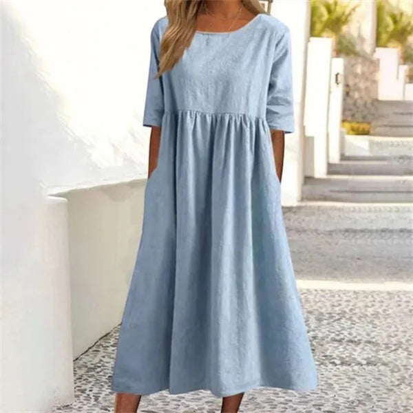 Indira | Rundhalsausschnitt Sommerkleid Mit Taschen Für Damen | Midi
