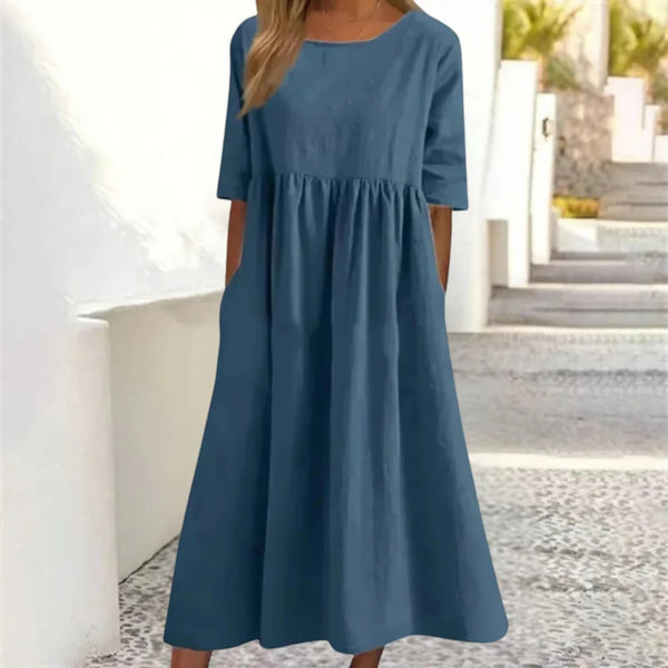 Indira | Rundhalsausschnitt Sommerkleid Mit Taschen Für Damen | Midi