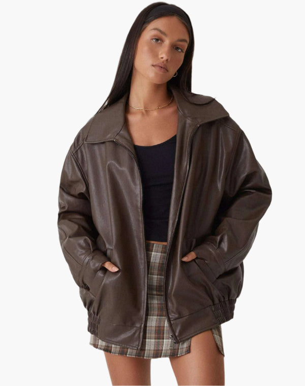 Übergroße Lederjacke Mit Langen Ärmeln Für Damen | Herbst