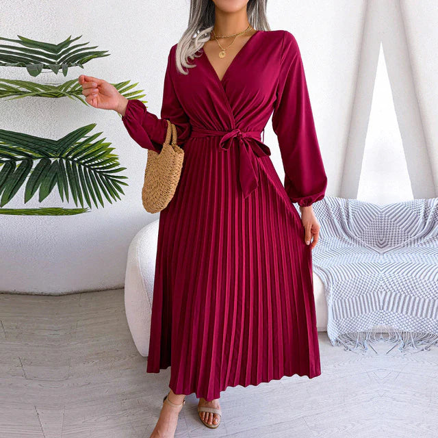 Lena - Mode plissiert V-Ausschnitt langes Kleid
